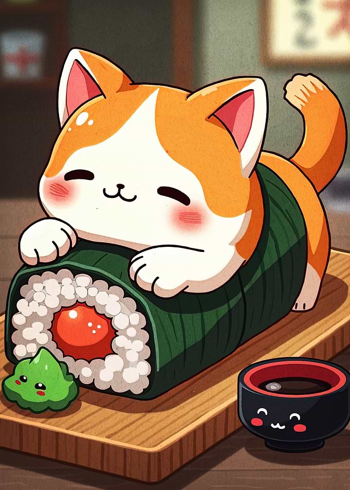 Cute Cat Sushi Roll Illustration