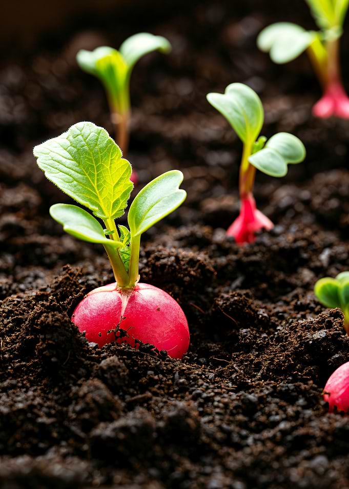 Radish sprouts in dark soil