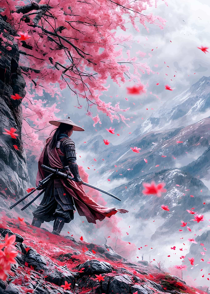 Samurai in Cherry Blossom Landscape