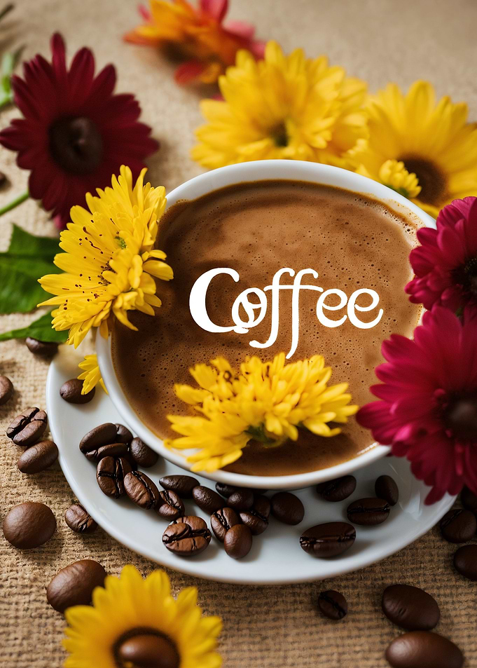 Coffee cup with flowers and beans