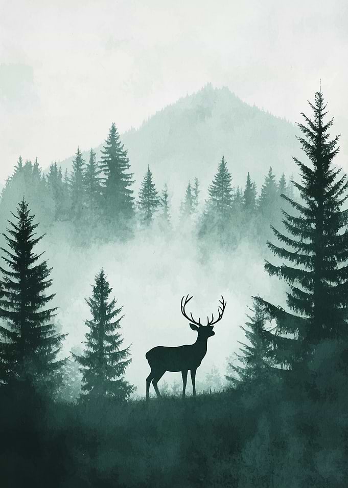 Deer in Misty Forest Landscape
