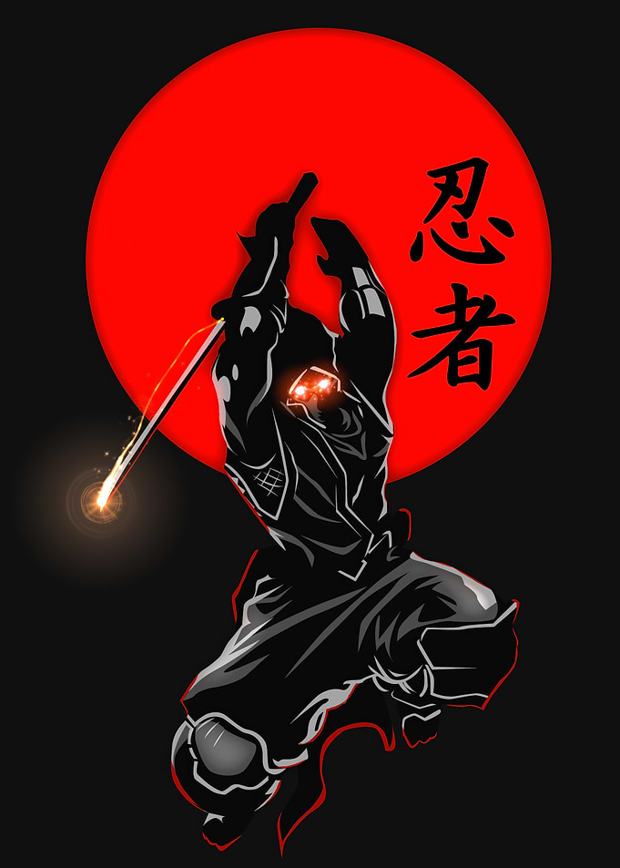 Ninja Warrior with Katana and Red Sun