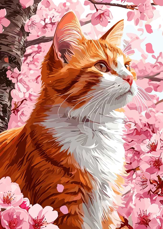Orange Cat with Cherry Blossoms