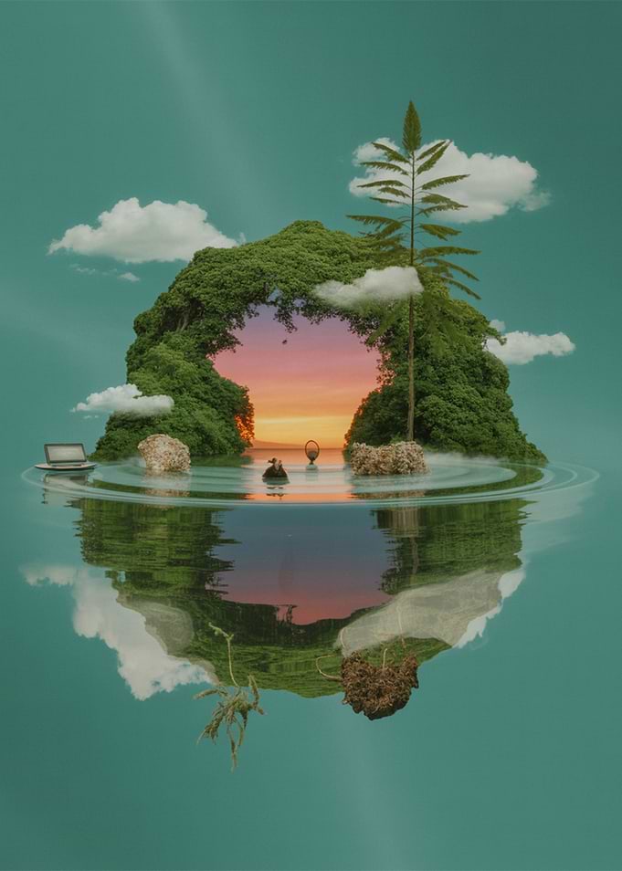 Surreal Island Reflection with Laptop
