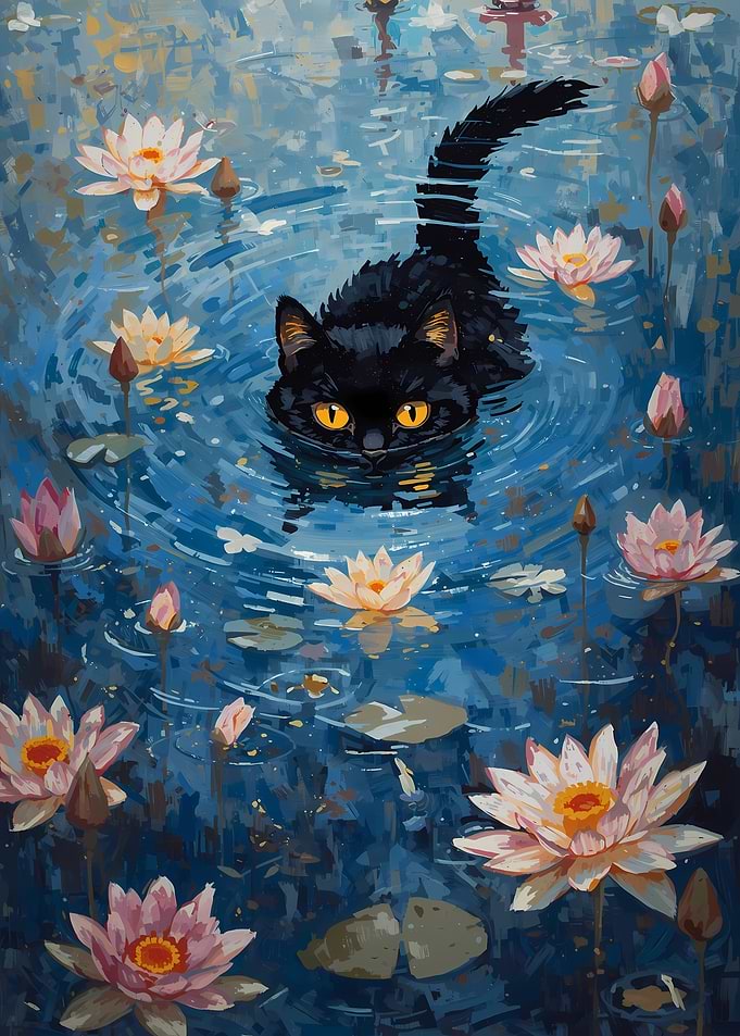 Black Cat in Lily Pond Painting