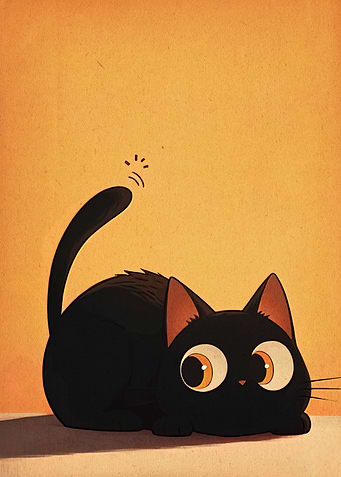 Cartoon Black Cat with Big Eyes