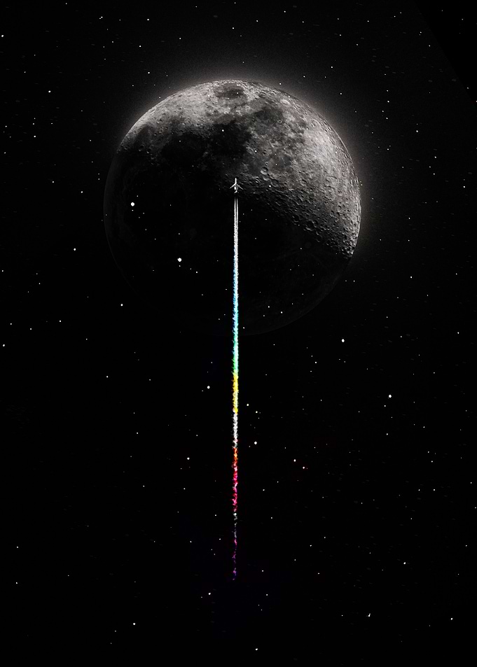 Airplane Rainbow Trail Moon Space Art