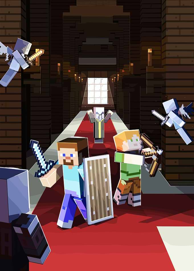 Minecraft characters in a castle hallway