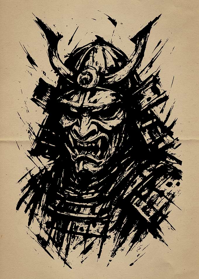 Samurai Warrior Mask Ink Illustration
