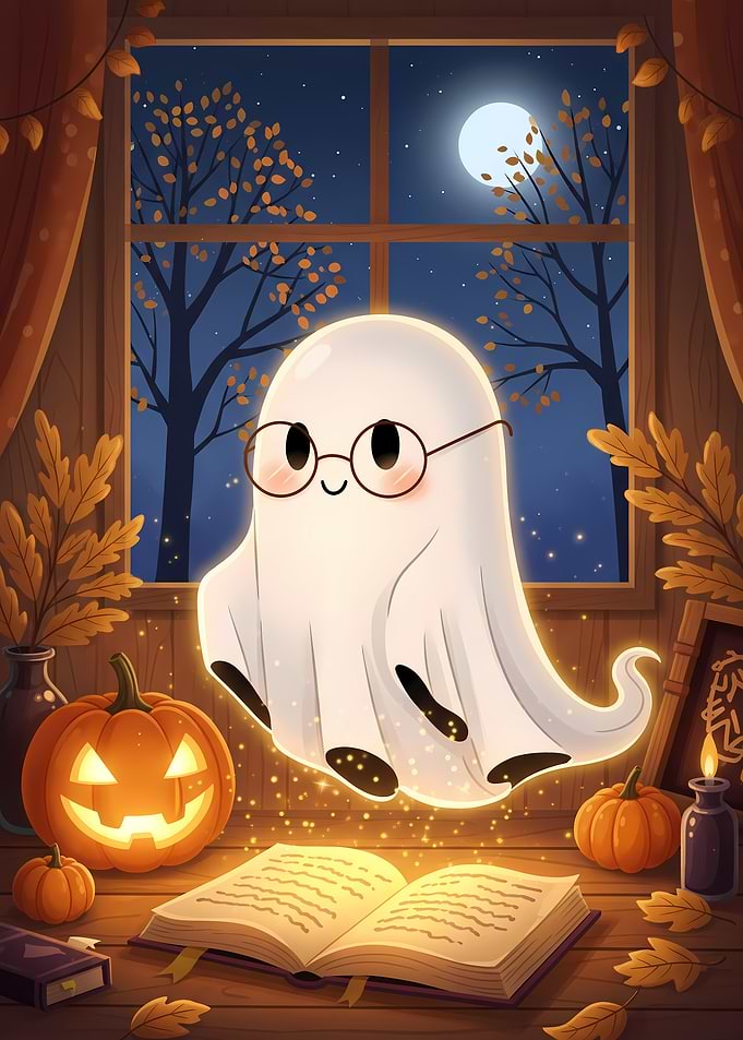 Cute Halloween Ghost Reading Book at Night
