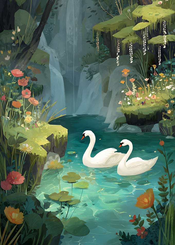 Swans in a Floral Waterfall Pond