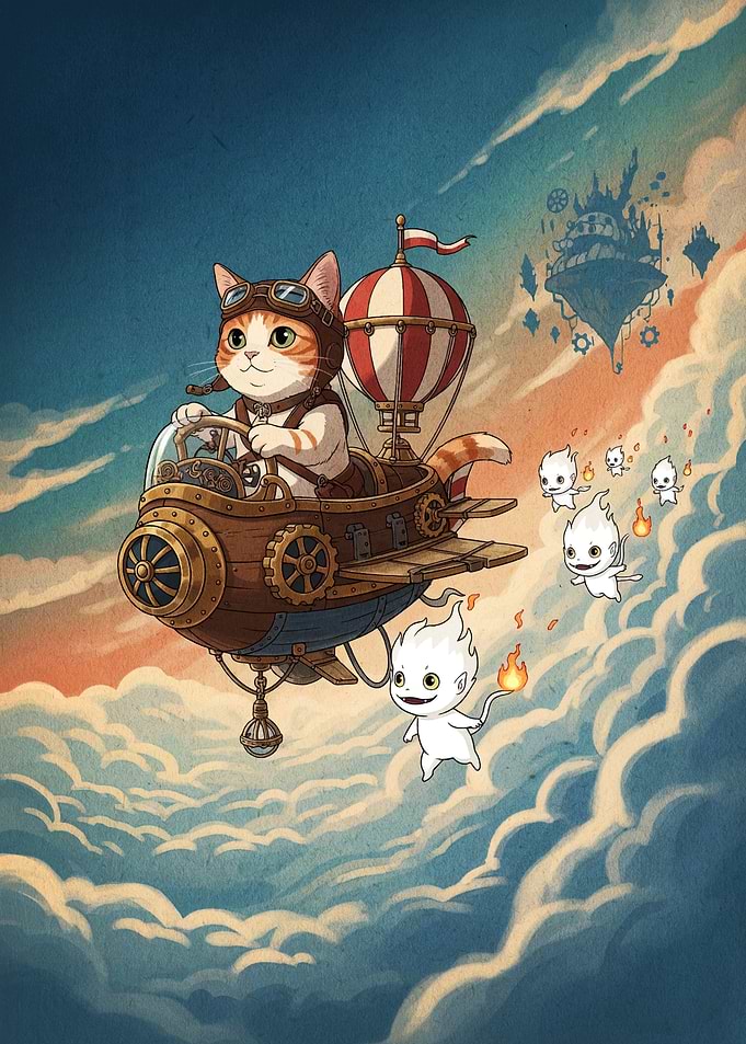 Steampunk Cat Pilot in the Sky