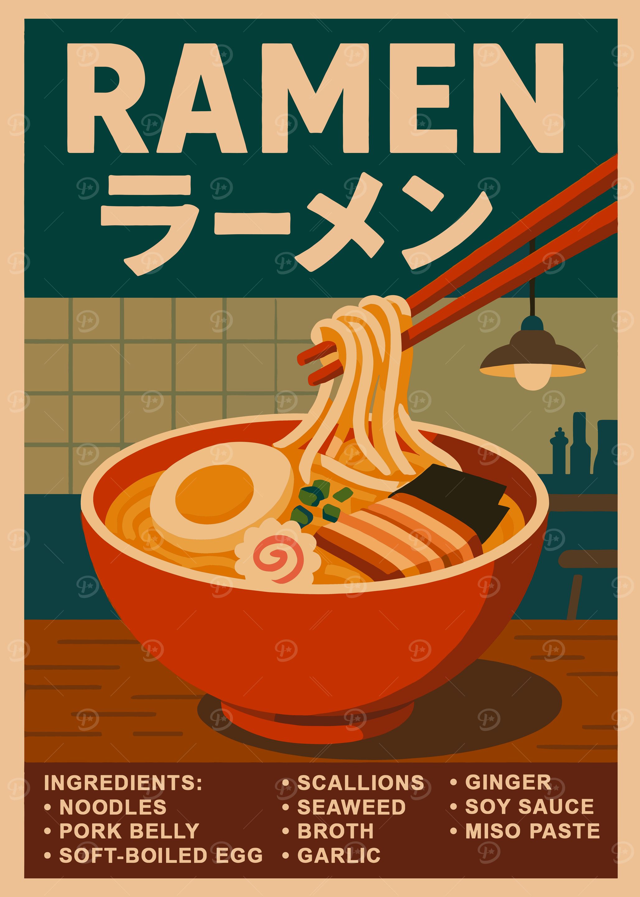 Ramen Bowl Illustration with Ingredients List