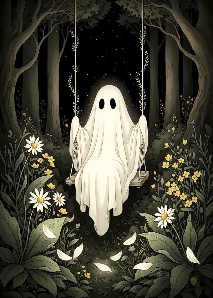 Halloween Ghost on a Swing in Forest