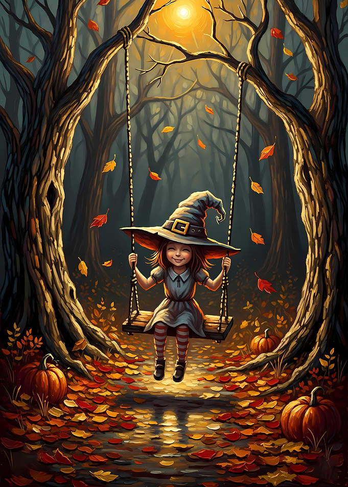 Halloween Witch on Swing in Autumn