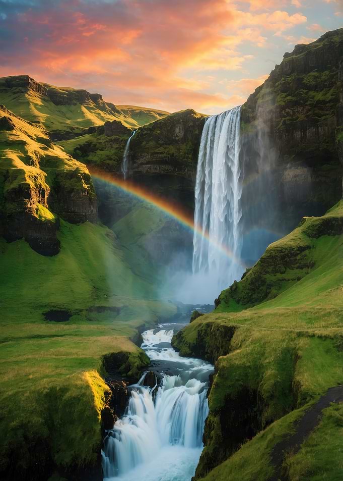 Waterfall with Rainbow in Green Landscape