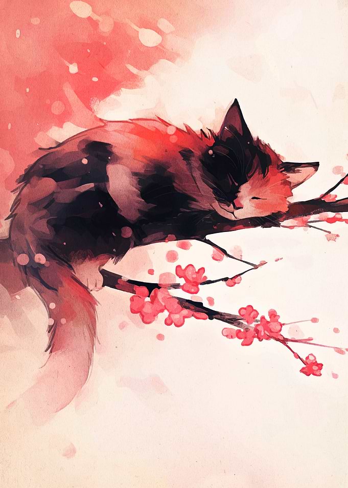 Sleeping Cat on Cherry Blossom Branch