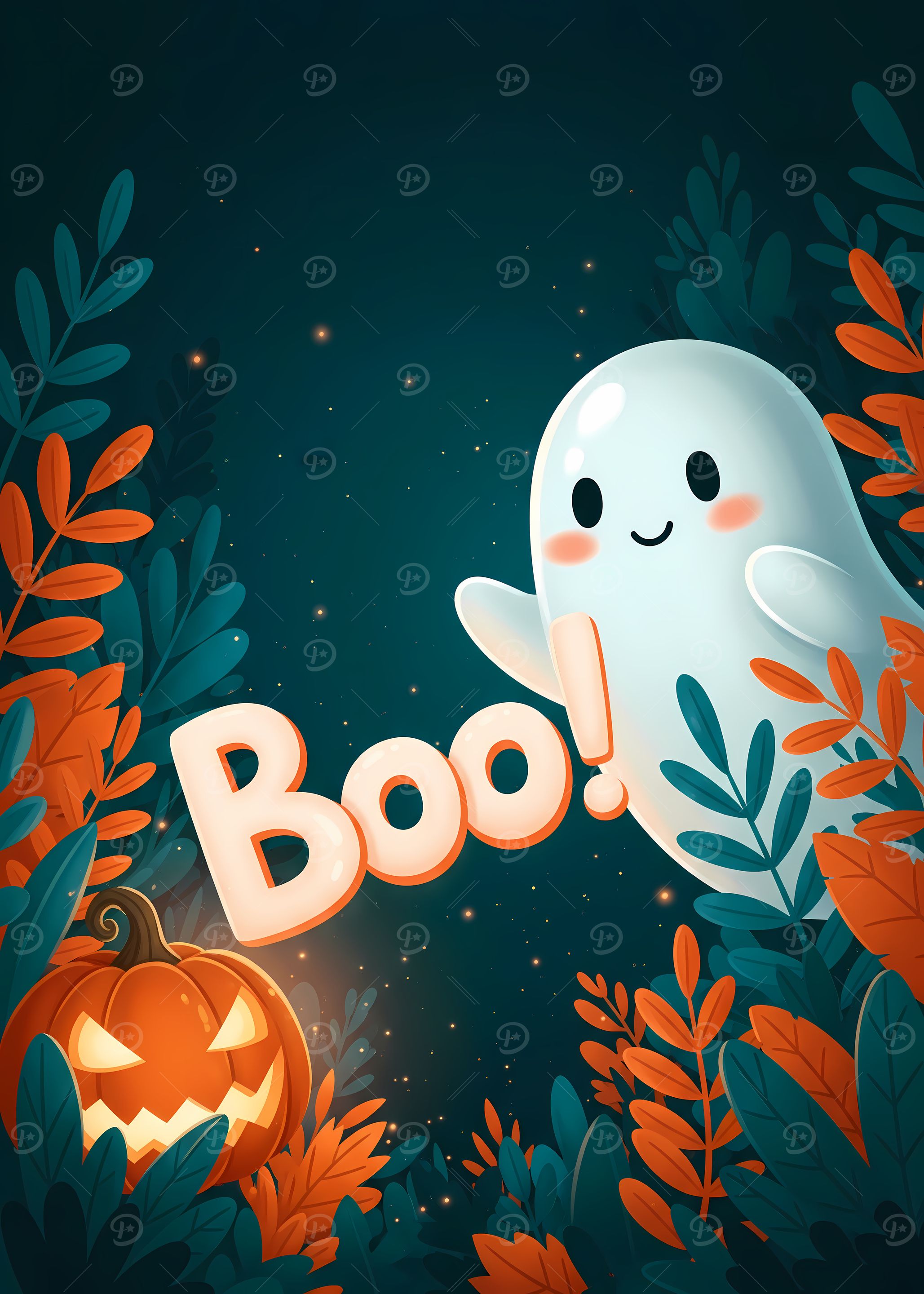 Cute Halloween Ghost “Boo!” and Pumpkin Illustration