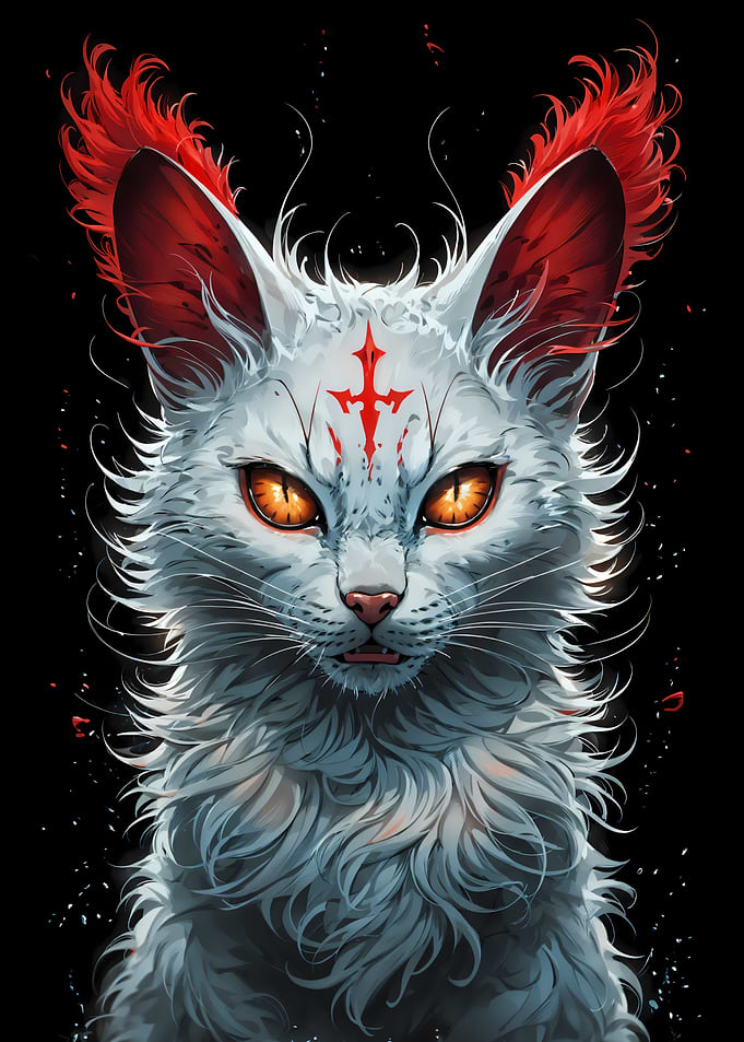 Mystical White Cat with Red Mark