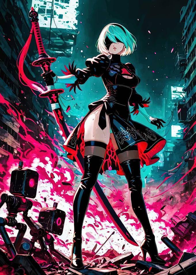 2B in a destroyed cityscape