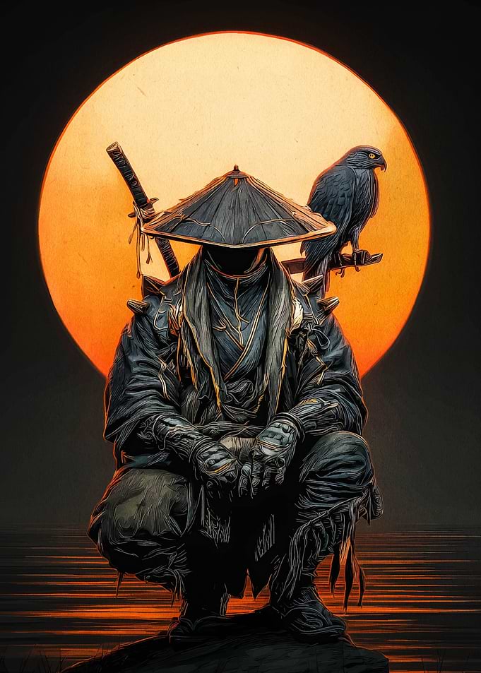 Ninja with Hawk and Rising Sun