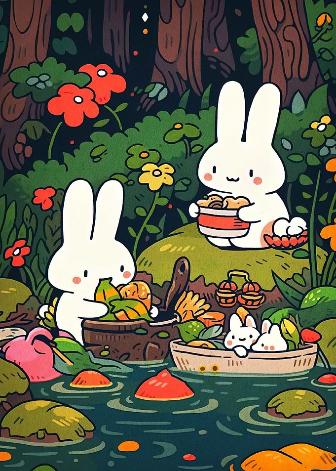 Cute Rabbits Picnic in the Forest