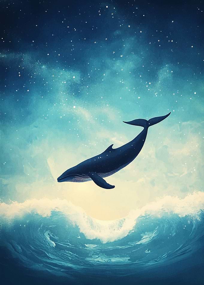 Whale in starry sky and ocean