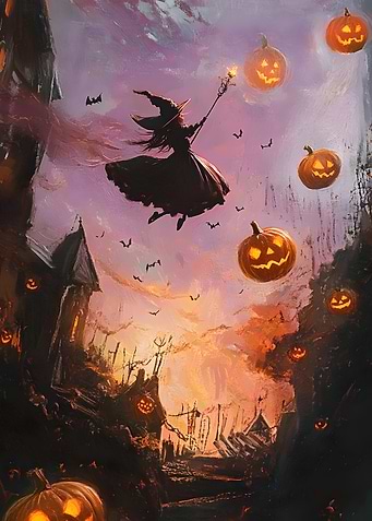 Halloween Witch Flying with Jack-o'-Lanterns