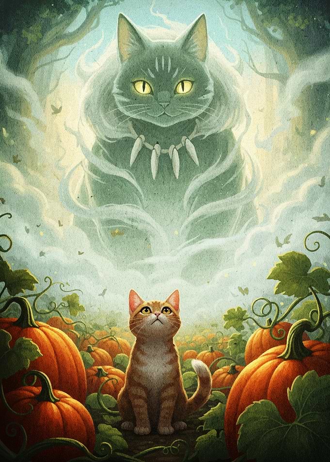 Cat in Pumpkin Patch with Spirit