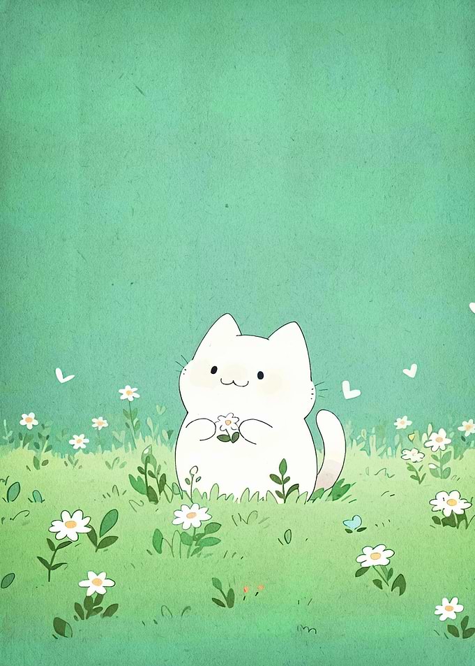 Cute White Cat in Flower Field