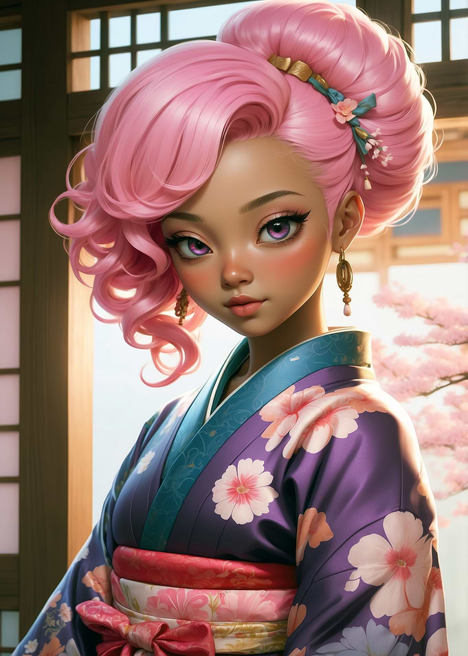 Anime Girl in Kimono with Pink Hair