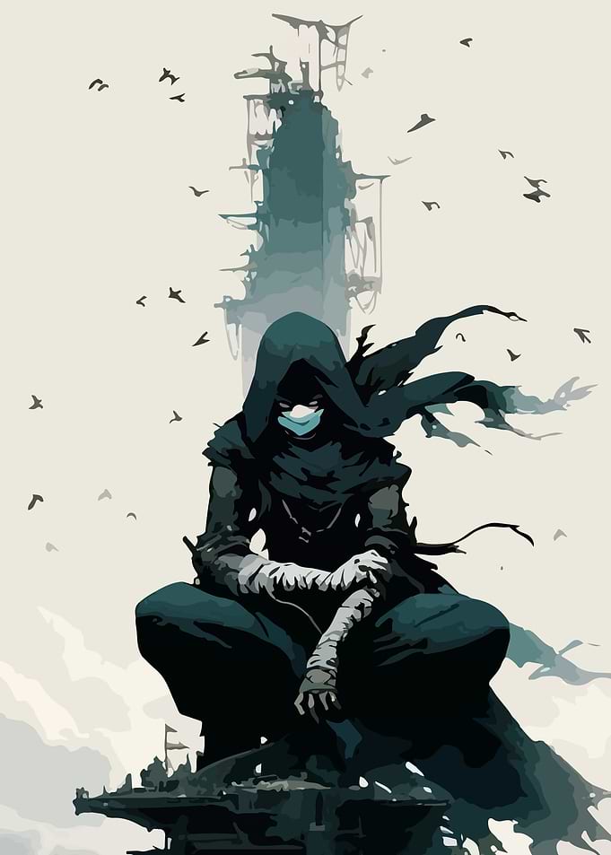 Hooded Figure on Ruined Structure