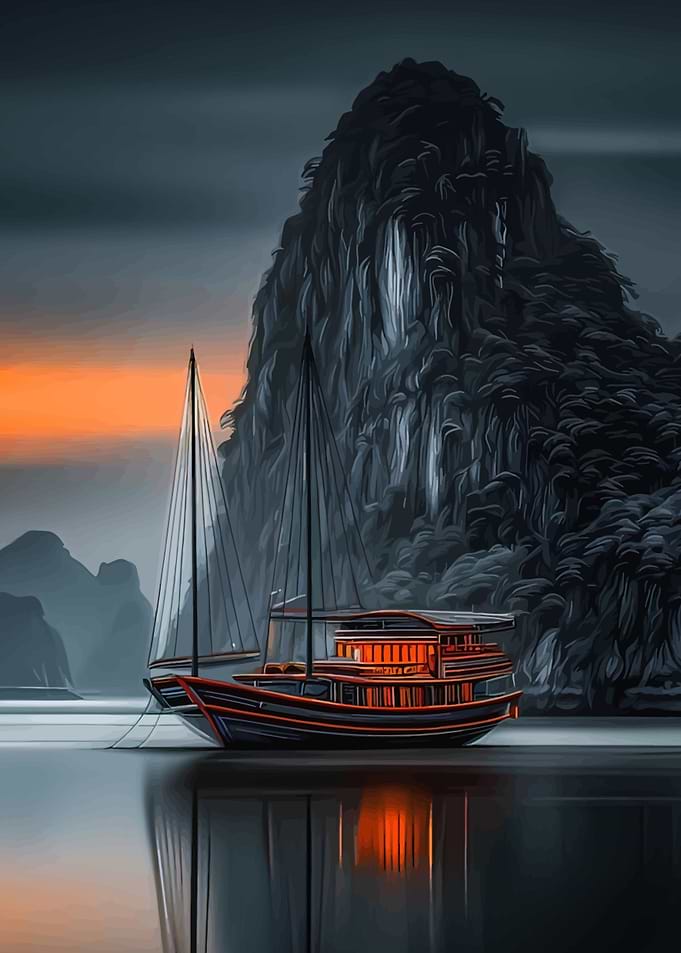 Boat in Halong Bay at Sunset
