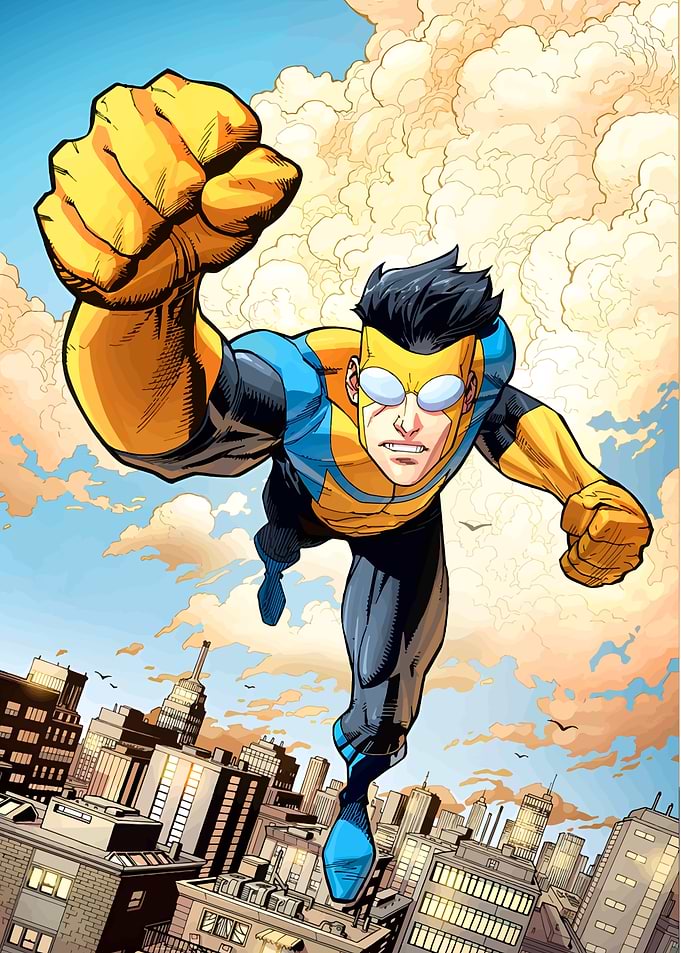 Invincible flying over a city