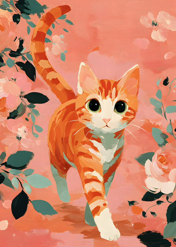Orange Tabby Cat with Floral Background