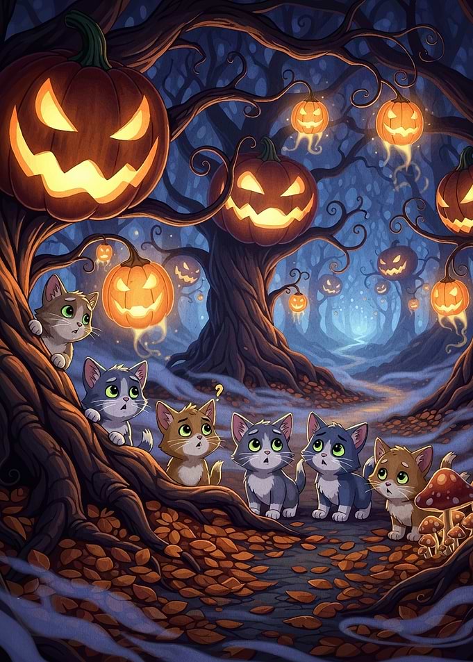 Halloween Cats Pumpkin Forest