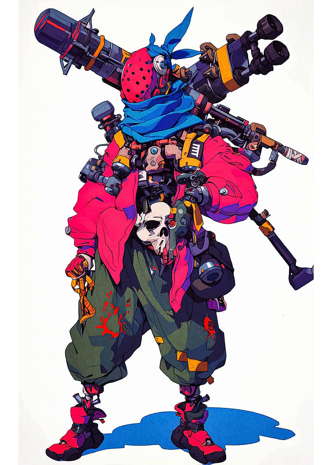Cyberpunk Warrior with Skull and Weapons