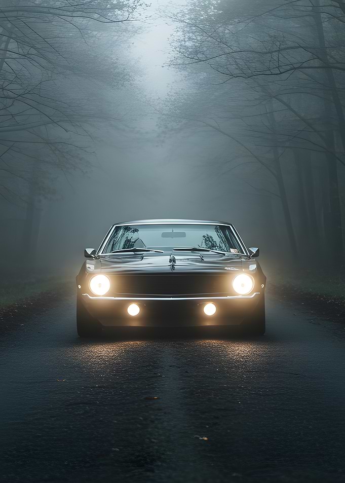 Classic Car in Foggy Forest Road