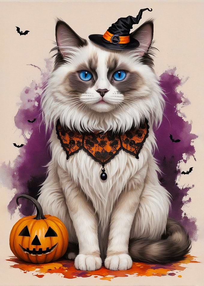 Fluffy White Cat with Witch Hat & Pumpkin