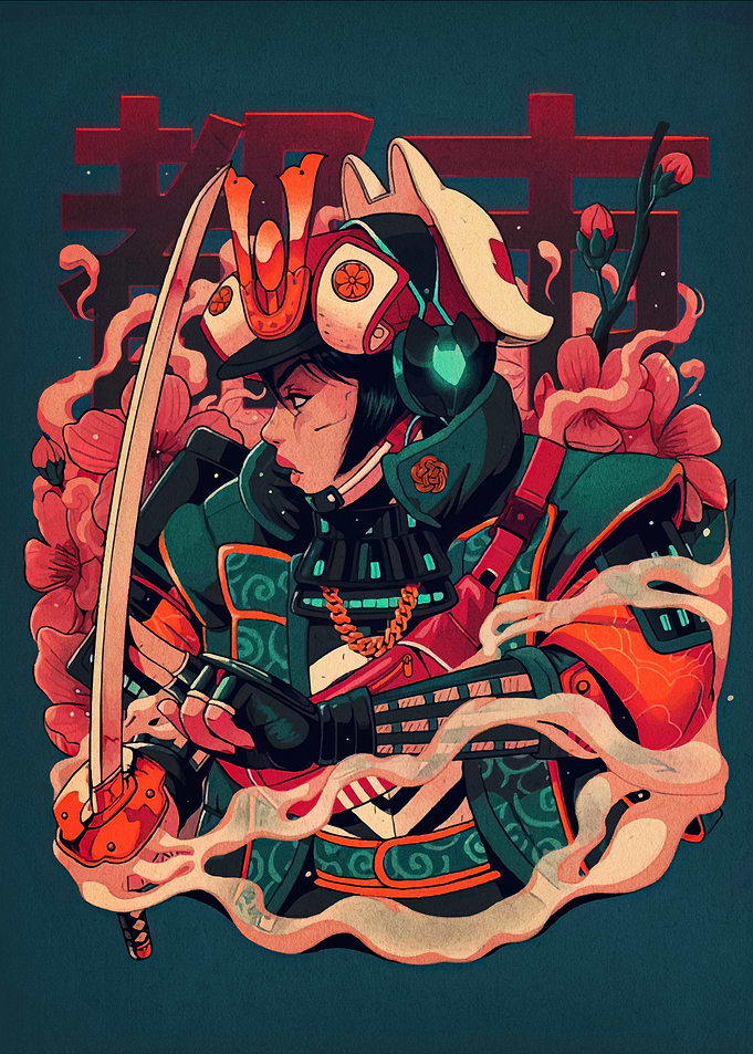 Cyberpunk Samurai with Katana and Flowers