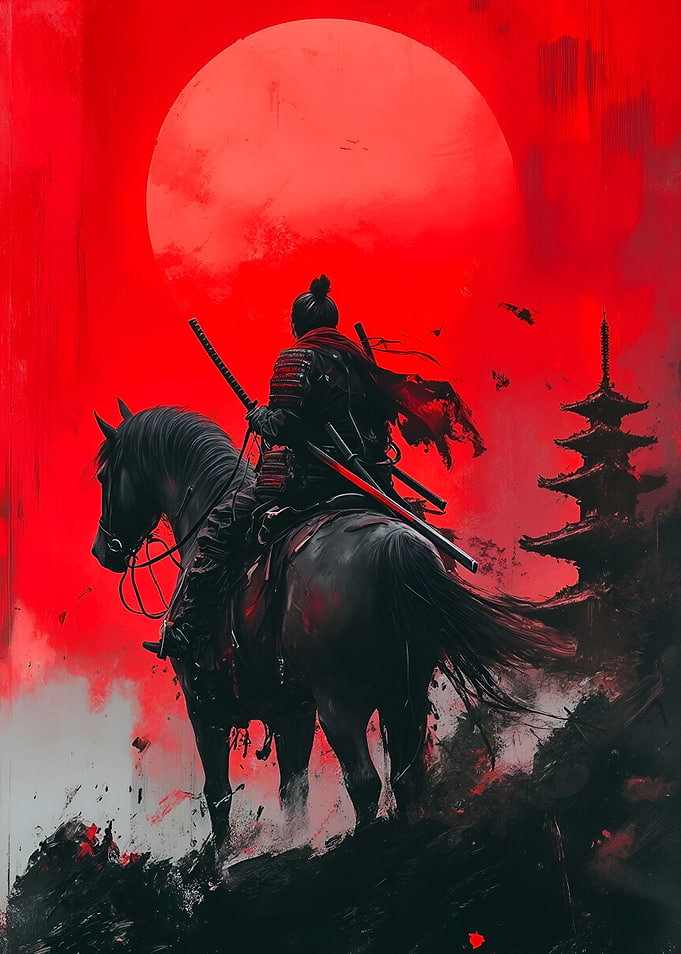 Samurai on Horseback under Red Moon