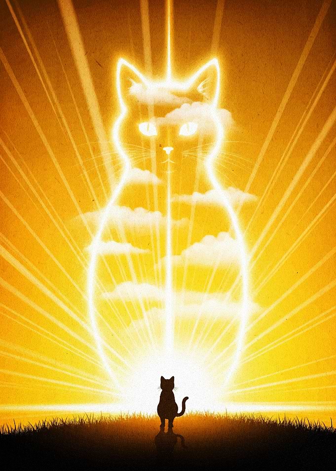 Cat Silhouette with Celestial Cat Figure