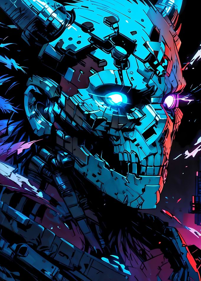 Cybernetic Skull Portrait with Glowing Eyes