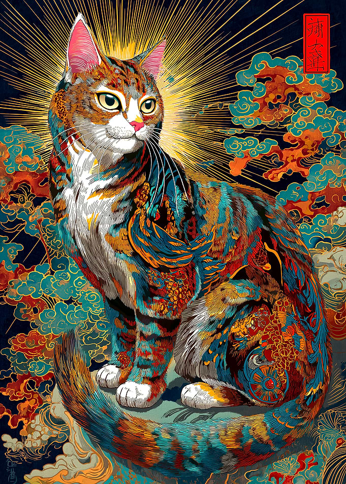 Ornate Cat with Asian-Inspired Background