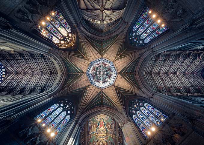 cathedral interior: vaulted ceiling and stained Glass