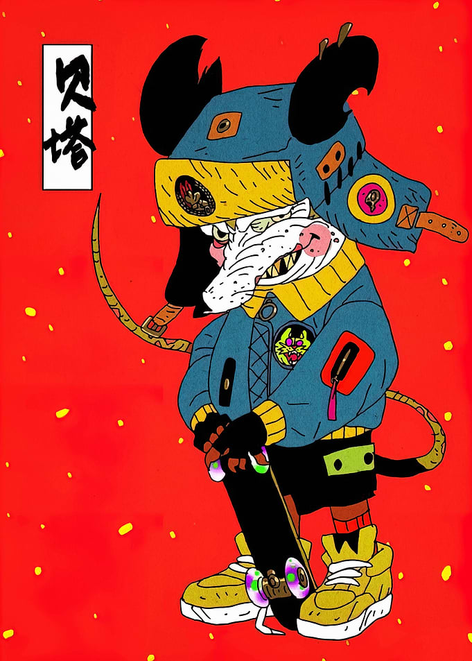 Rat Skateboarder with Japanese Text