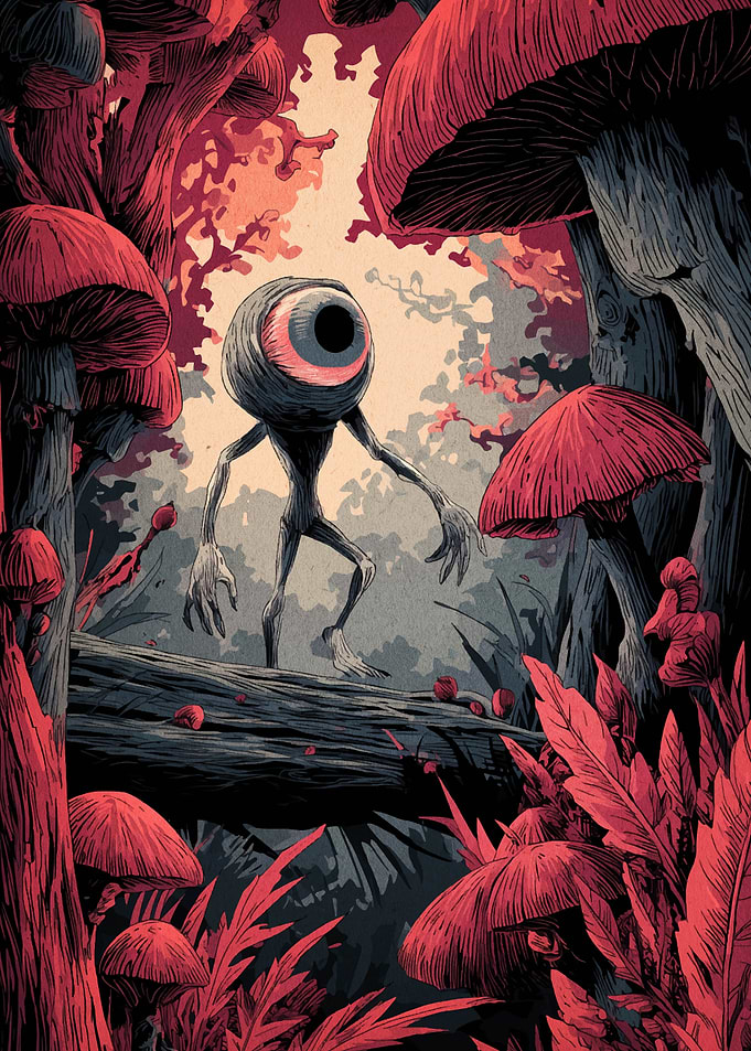 Eyeball Creature in Mushroom Forest
