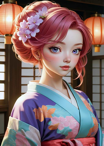 Anime Girl in Kimono with Lanterns