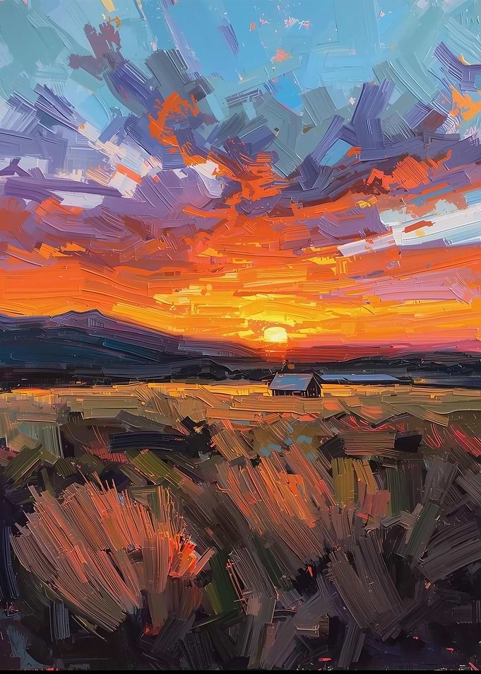 Impressionistic Sunset Over Rural Landscape Painting