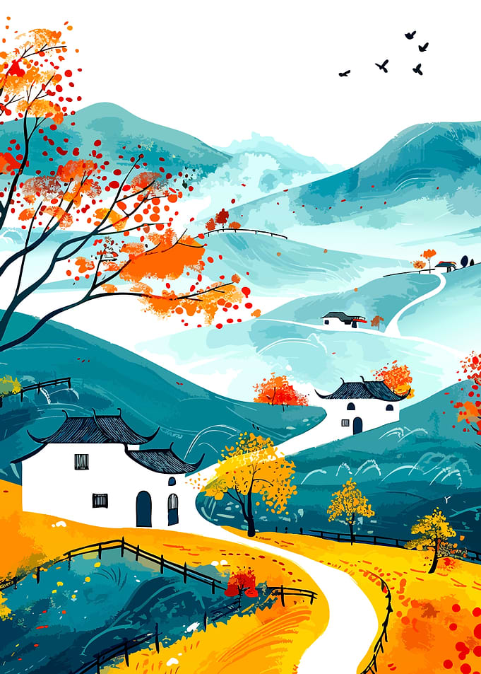 Autumn Landscape with Traditional Asian Houses